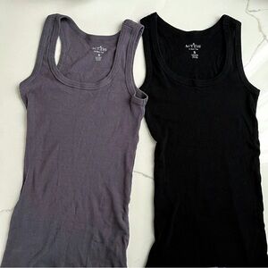 Active Basic Ribbed Tank Tops Scoop Neck 100% Cotton Set of 2 Black & Gray Small